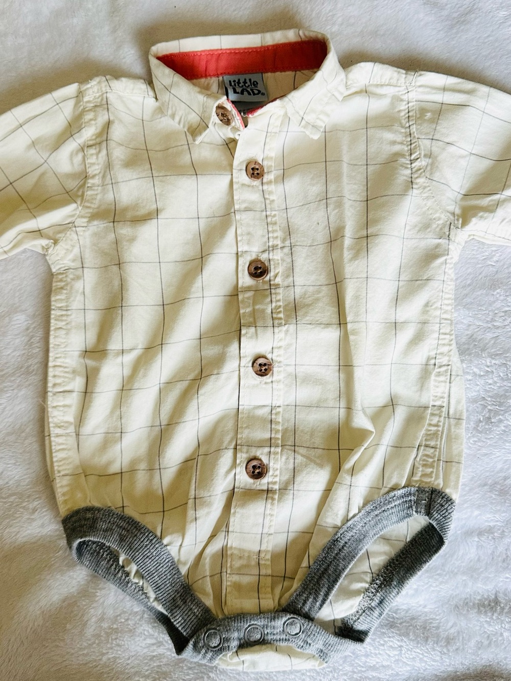 Little Lad Cream Grid-Print Baby One-Piece